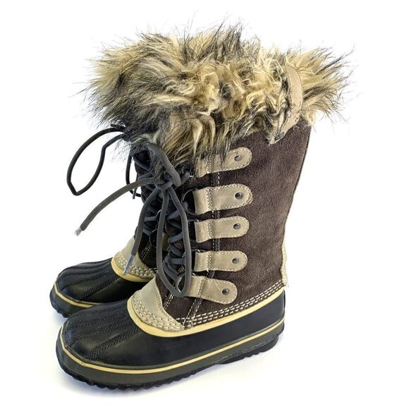 Sorel Joan of Arctic Tall Boot Brown Hawk Suede Lace Up Faux Fur NL1540 Womens 5 - Picture 1 of 12